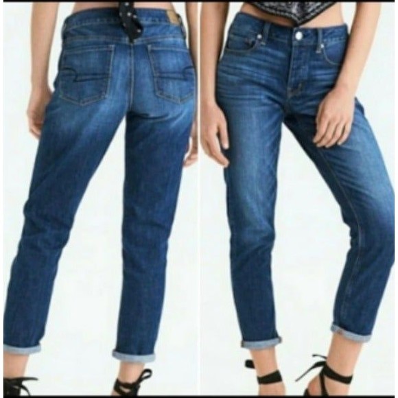 American Eagle Tomgirl Jeans Midrise Distressed Dark Wash Button Fly Nonstretch - Picture 2 of 12